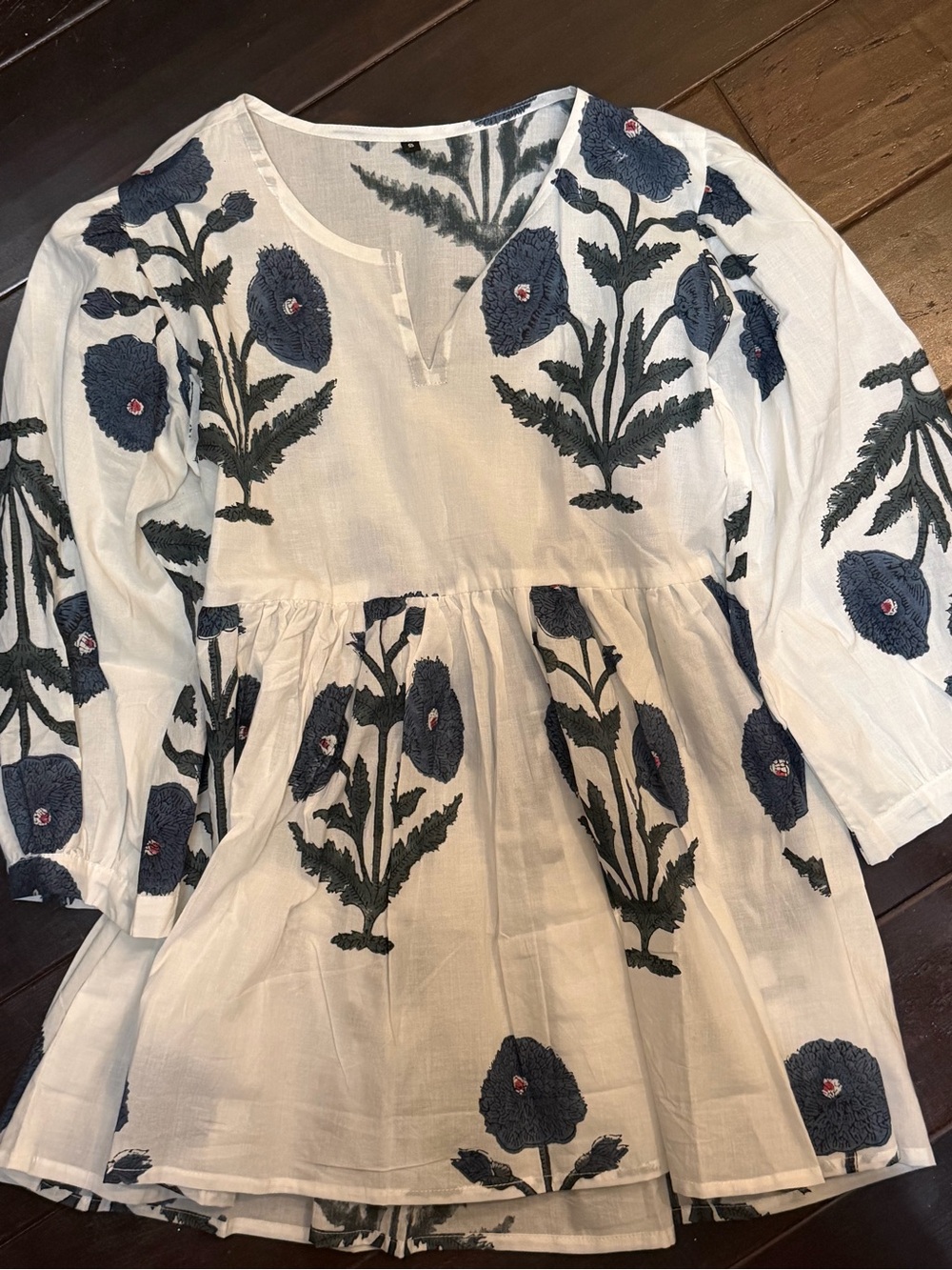 Block Print Blouse with Navy Flowers